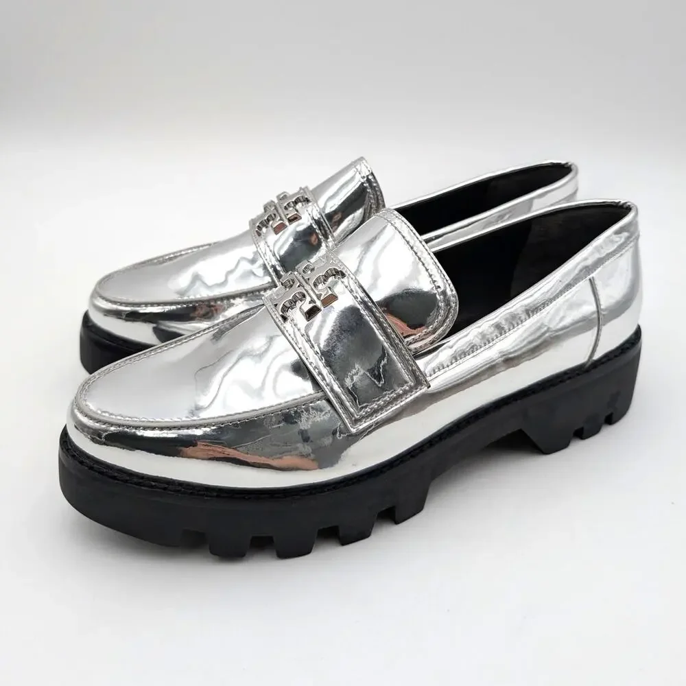 Tory Burch Everly Mini Chunky Loafers Shoes Women's Silver Size US10.5M EU41